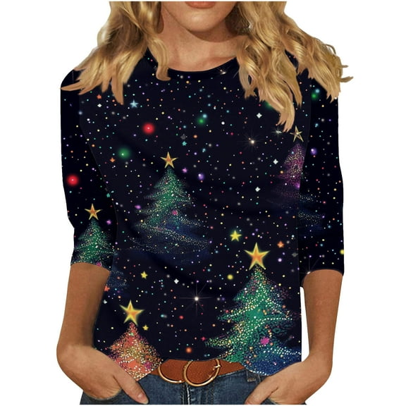 asdoklhq Cable Knit Sweater Women Christmas Sparkling Colorful Christmas Tree Print Three Quarter Sleeve 3/4 Round Neck Top Multicolor S