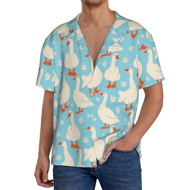 Balery White Geese and Flower Camisa Casual de Manga Corta con Botones para Hombre, Texturizada, Estilo Cubano, para Playa, Verano-4X-Large