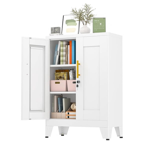 36" White Floor Storage Cabinet, Locked Metal Storage Cabinets with 2 Doors and 2 Adjustable Shelves, Sideboard Buffet Cabient, Freestanding Cabinet for Home/Office/Garage/Tool Room/Bathroom