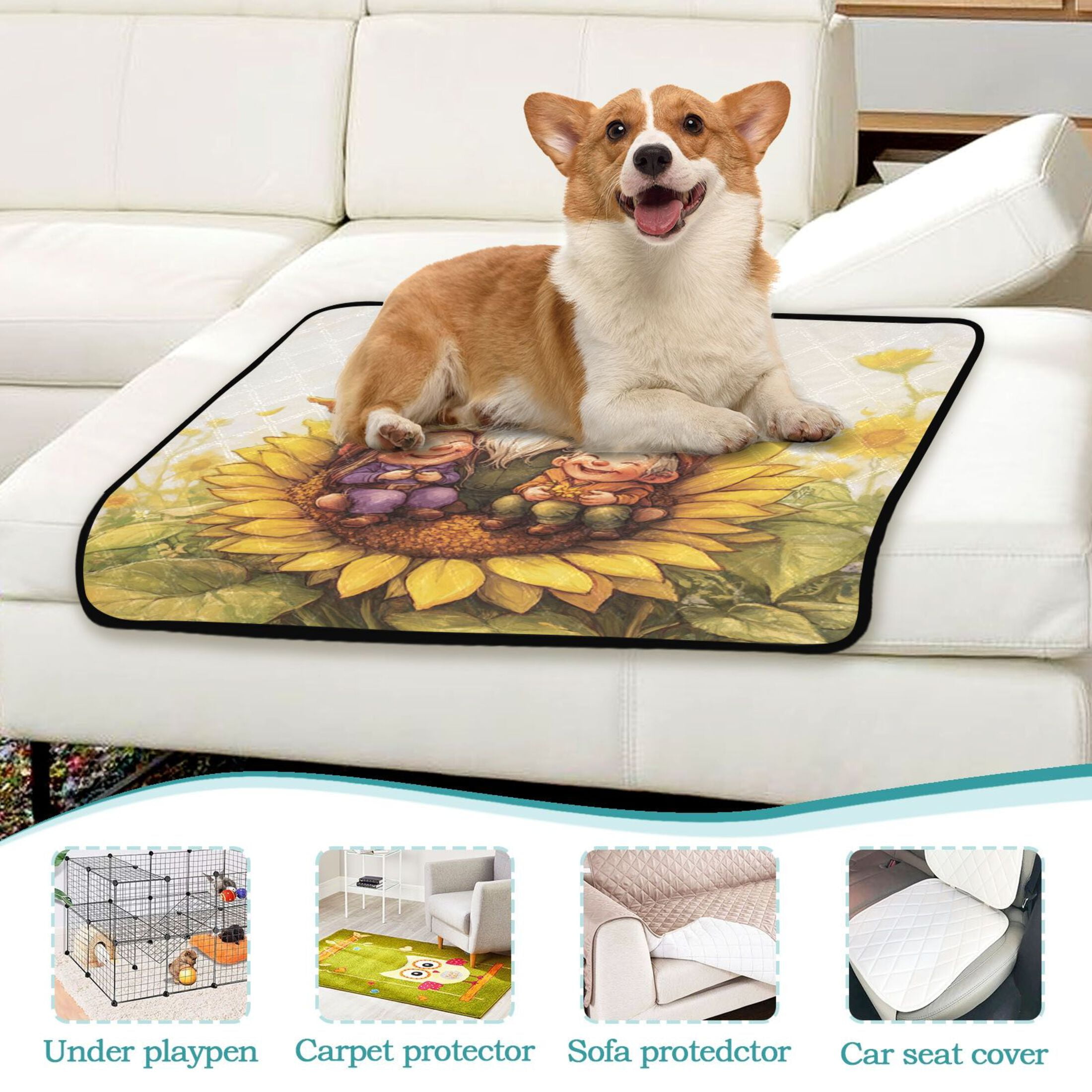 Qxltty Dwarf Elves Sunflower Cat litter Pads Pet Set of 3 Diaper Mats Center Anti-leakage Layer Absorbent Soft and Comfortable