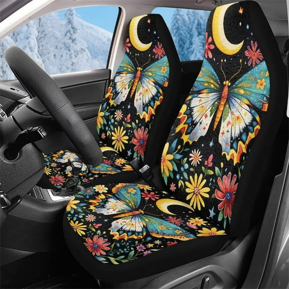 Garronmavis Fuzzy Car Front Seat Cover 2 Piece Universal Bucket Cushion Cover Elastic Seat for Van Trucks SUV Hippie Flowers Butterflies