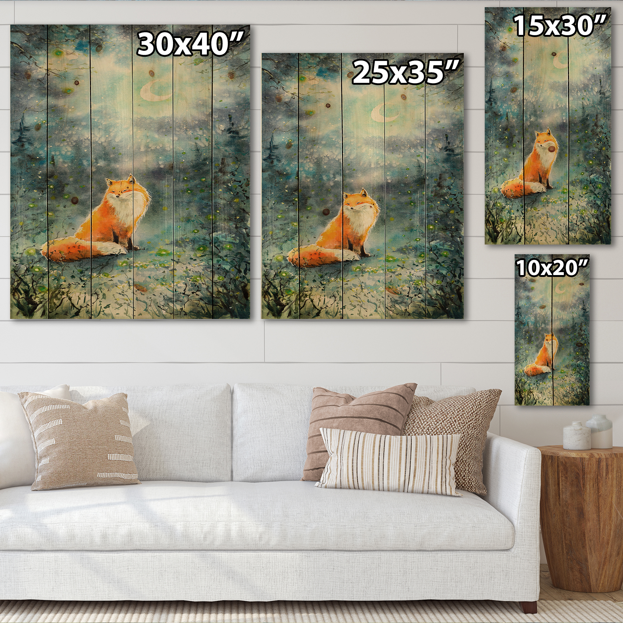 Designart 'Fox Over A Night Sky With Moon' Children's Art Print on Natural Pine Wood
