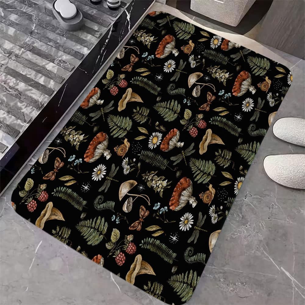 Vintage Mushroom Boho Bathroom Rugs, Magic Fairy Witchy Woodland Nature Plant Bath Mat, Hippie Botanical Floral Aesthetics Outdoor Rug, Soft Non Slip Floor Rugs for Living Room Kitchen Doormat, 17x29