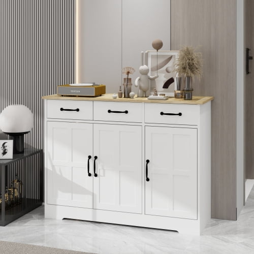 Farmhouse Storage Cabinet with 3 Doors and 3 Drawers, Storage Sideboard with Adjustable Shelves, White