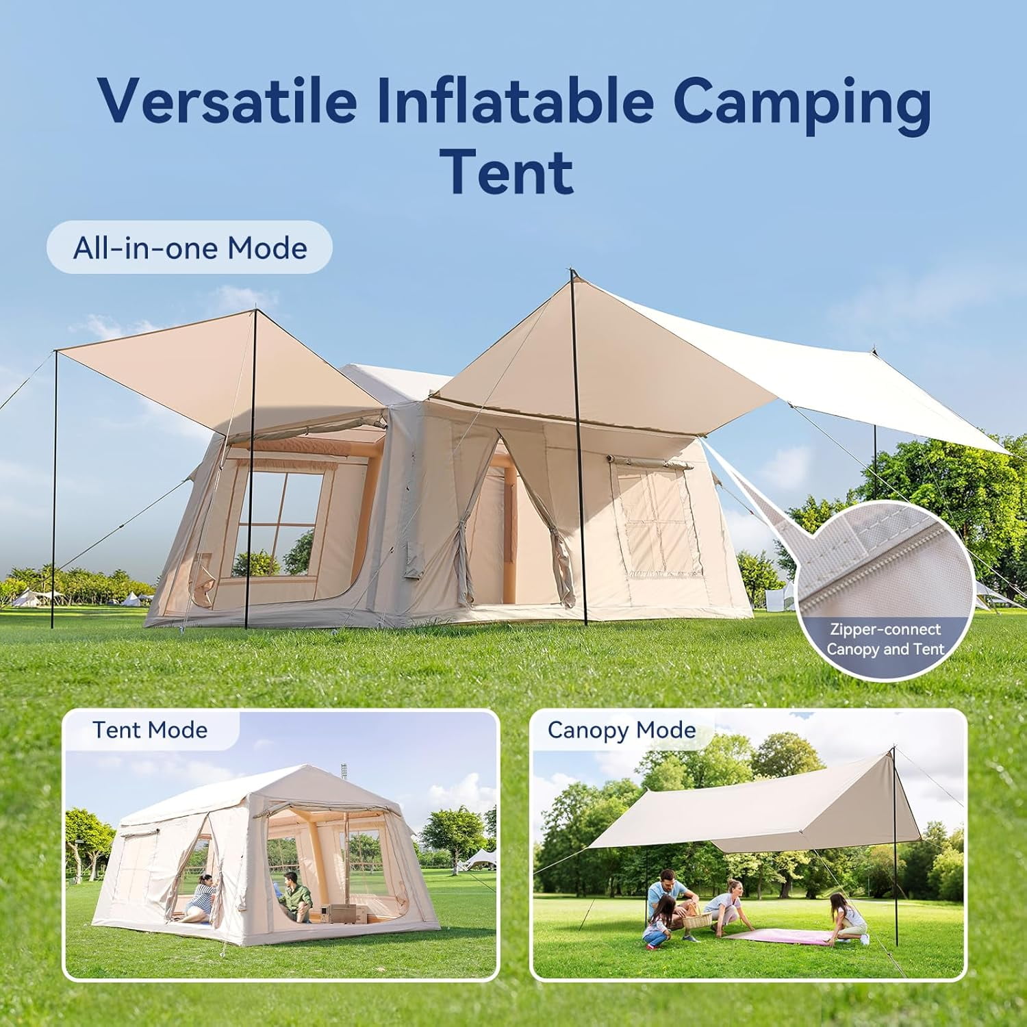 Slsy Inflatable Tents with Canopy for Camping, Blow Up Tent with Hand Pump, Easy Setup Inflatable Hot Tent with Stove Jack, Waterproof Oxford Air Glamping Tents for Camping Adult 8-10 Person