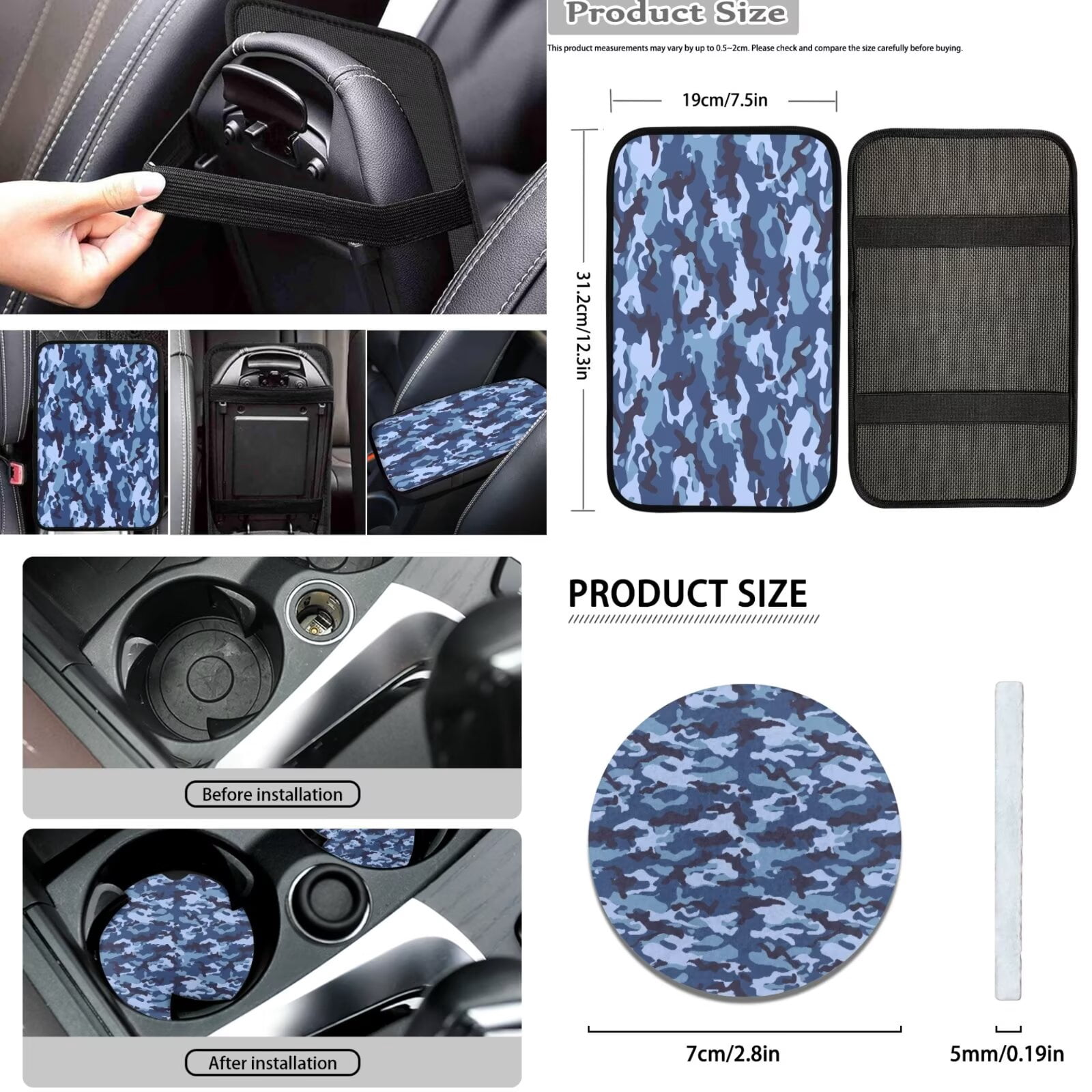 FKELYI Camo Blue Print Car Seat Covers with Steering Wheel Cover Seatbelt Pads Cover Cup Coaster Armrest Pads Hearest Cover Anti-Slip Gear Shift Knob Sleeve, 16 Pcs Car Interior Set