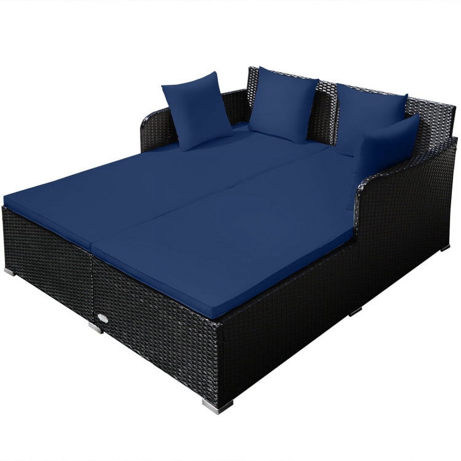 Aimee Lii Spacious Outdoor Rattan Daybed with Upholstered Cushions and Pillows, Outdoor Deck Furniture, Navy Aimee Lii Spacious Outdoor Rattan Daybed with Upholstered Cushions and Pillows, Outdoor Deck Furniture, Navy