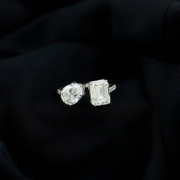 Silvago Jewel Excellent 2 Ct Emerald Cut Lab Created Simulated Diamond Toi Et Moi Engagement Ring - 14K White Gold Plated Wedding Anniversary Ring - Anniversary Gift Ring - Diamond Ring