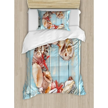 Letter C Twin Size Duvet Cover Set, Marine Life Design Letter C from Alphabet on Soft Colored Backdrop, Decorative 2 Piece Bedding Set with 1 Pillow Sham, Pale Blue Ivory Dark Coral, by Ambesonne