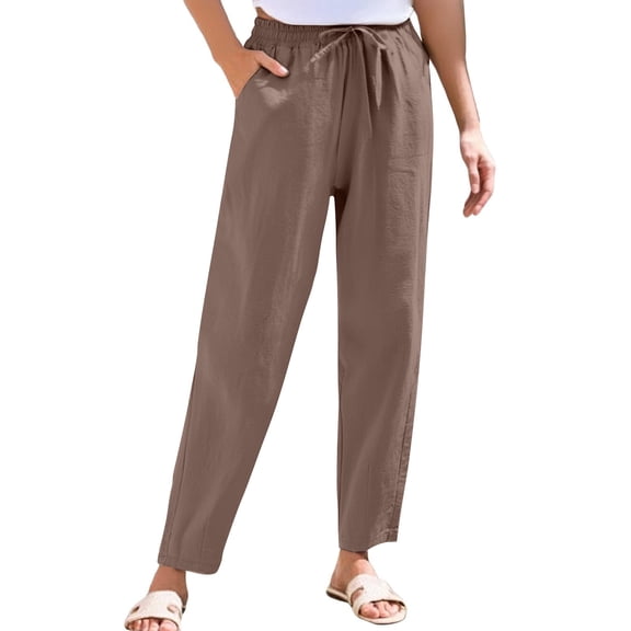 Women's Pants Fashion Casual Pants For Women Cotton Linen Straight Leg Elastic Drawstring Casual Trousers With Pockets Summer Beach
