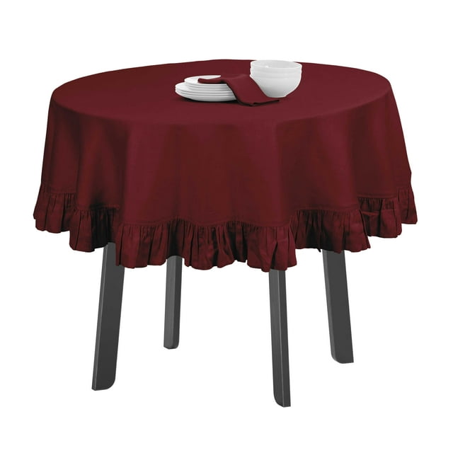 Vargottam Cotton Table Linens Ruffle Tablecloth, Round Table Cover Protector Solid Tablecloth, Farmhouse Tabletop Washable, Maroon-64 Inches Diameter