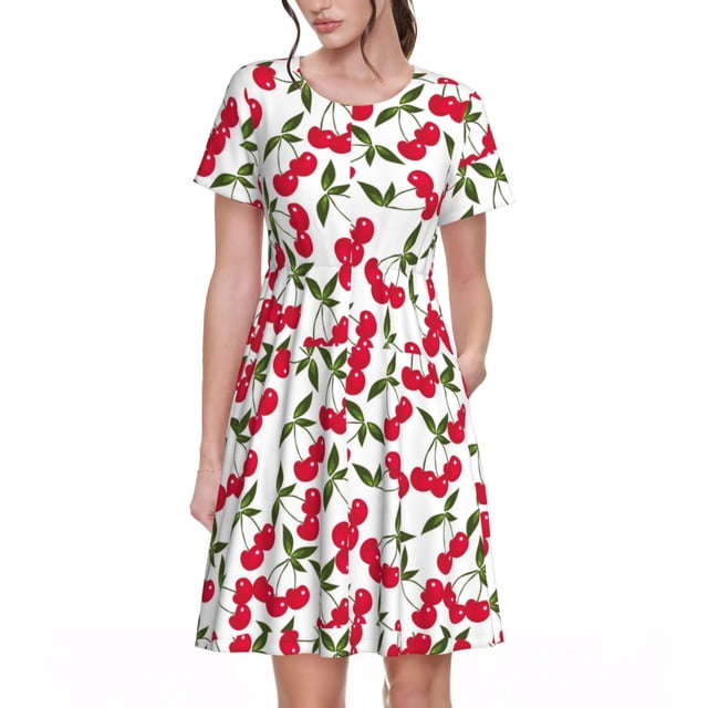 Easygdp Cherry_1 para Vestido Transpirable de Mujer, Vestido Suelto de Manga Corta con Pliegues y Bolsillos para el Verano