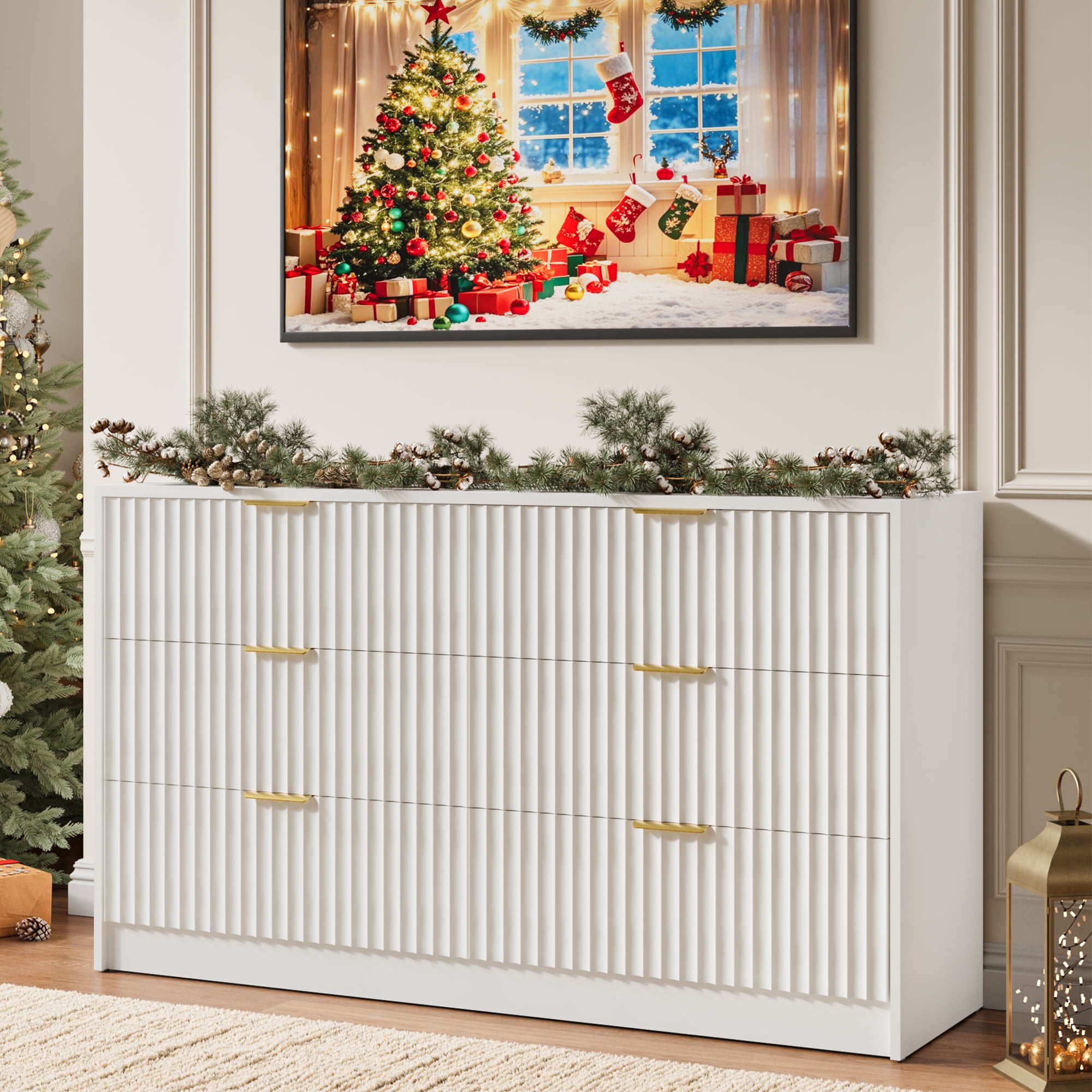 YouTrend 6 Drawer Dresser for Bedroom,55.1"Width Fluted Wood Chest of Drawer with Golden Embedded Handles for Living Room,White
