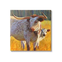 Longhorn Cow Calf Grassland Farm Animals & Insects Painting Gallery Wrapped Canvas Print Wall Art