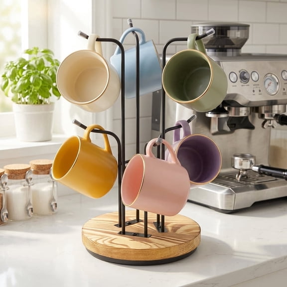 Lzvxtym 360° Rotating Mug Tree,Coffee Mug Holder for Countertop with Heavy Wood Base,Metal Coffee Cup Stand Rack with 6 Hooks for Countertop