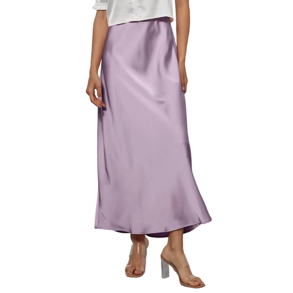 Women’s Long Satin Skirt High Waist Flowy A Line Midi Skirt Lightweight Smooth Silky Fabric for Daily Wear Office Light Purple S