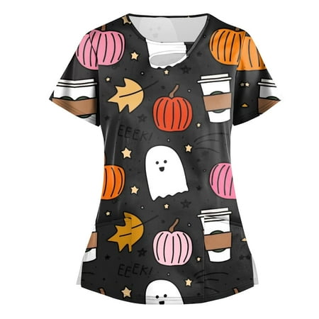 

HHei_K nursing scrubs for women Womens Tops Stretchy Fashion Printed Work With Pocket T-Shirt Short Sleeve Top
