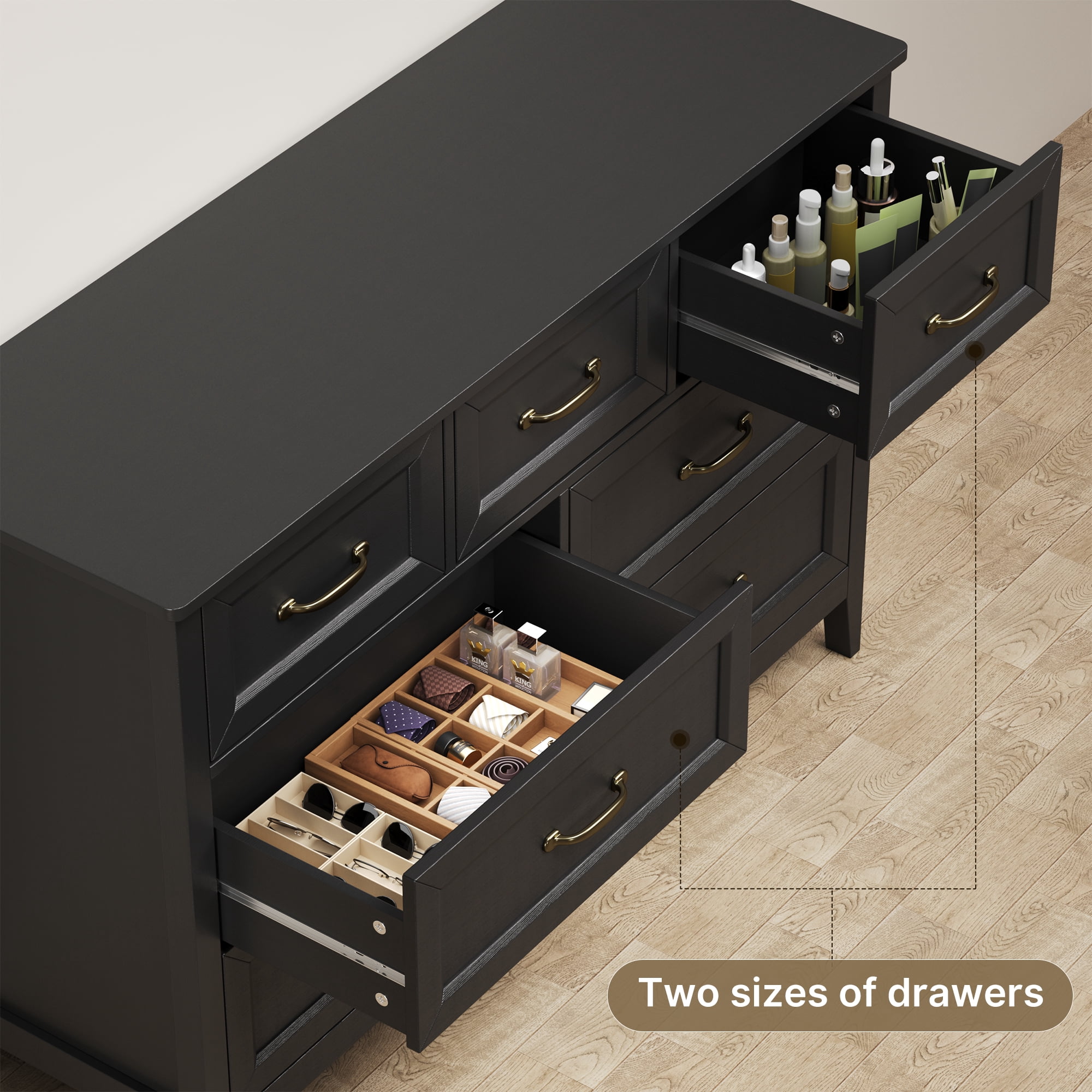 Aiho 7-Drawer Double Dresser - Modern Wood Chest with Anti-Tip Safety, Cutout Handles & Smooth Gliding Drawers, Black