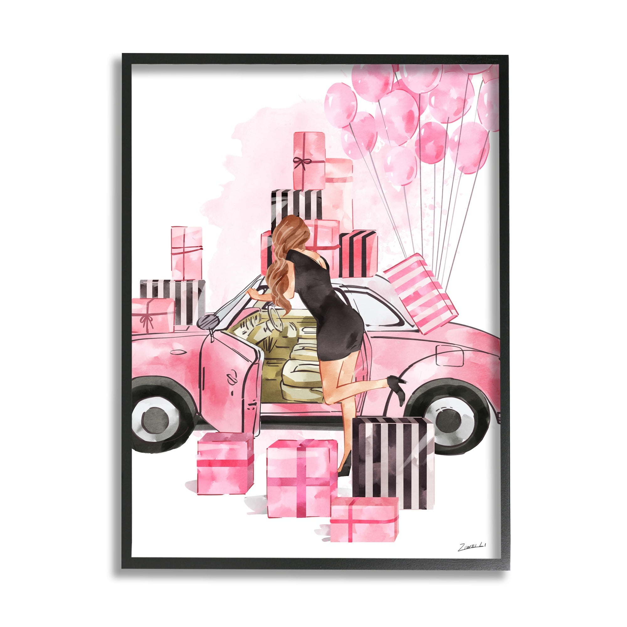 Stupell Industries Pink Fashionista Glam Car Stylish Gift Boxes Beauty & Fashion Painting Black Framed Art Print Wall Art, 24 x 30