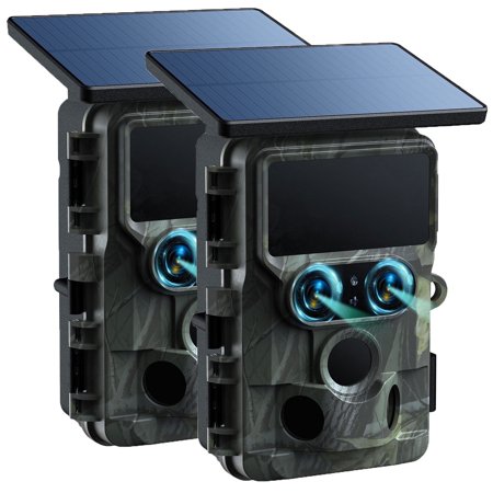CAMPARK 2 Pack Trail Camera Solar Powered - Dual Lens 60MP 4K 30FPS WiFi Bluetooth Game Camera with Starlight Night Vision IMX458 Sensors 0.1S Trigger IP66 Waterproof for Outdoor Wildlife Monitoring