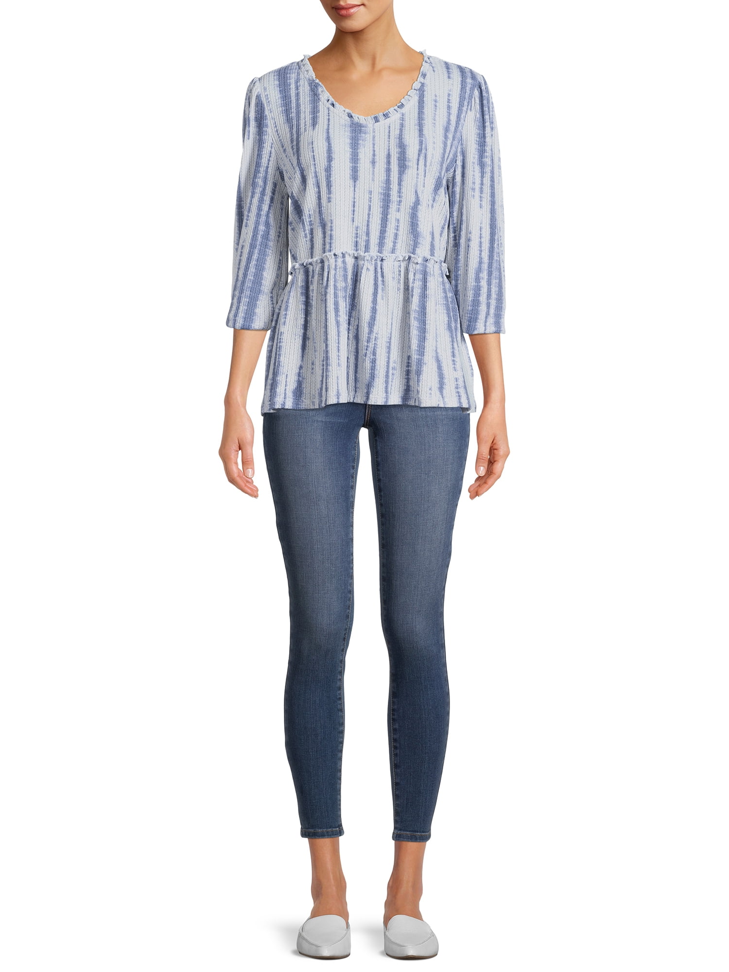 Como Blu Women's V-Neck Long Sleeve Top with Ruffle Edges