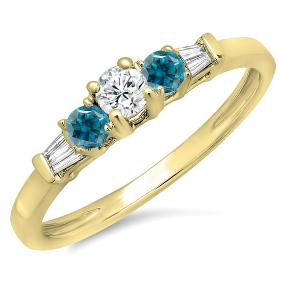 0.45 Carat (ctw) 18K Yellow Gold Round & Baguette Cut White & Blue Diamond Ladies 3 Stone Engagement Bridal Ring