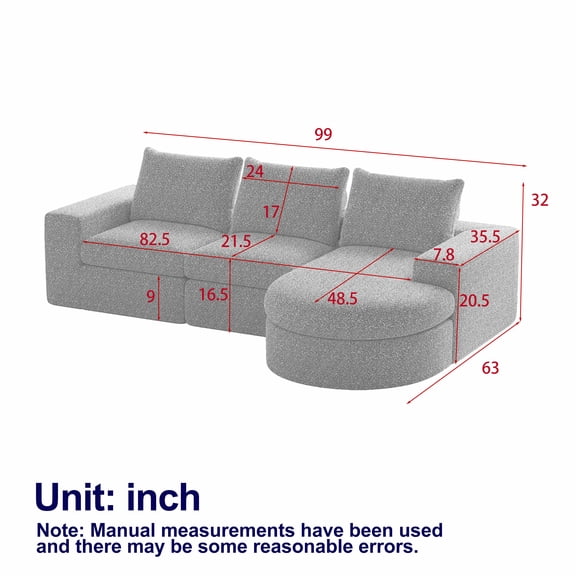 Living Room Sofas 99-Inch Chenille Cloud Curved Sectional Sofa with Chaise, L-Shaped Modern Boneless Couch with Deep Seats, Chenille Sectional Sofa for Living Room and Bedroom, No Assembly Required,C