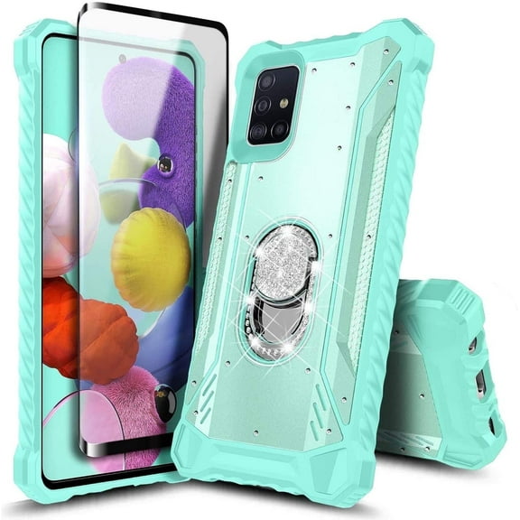 For Samsung Galaxy A51 5G [NOT FIT 4G] Case, with Tempered Glass Screen Protector (Full Coverage), Magnetic Metal Built-in Diamond Ring Stand, Full-Body Protective Shockproof Phone Cover (Teal)