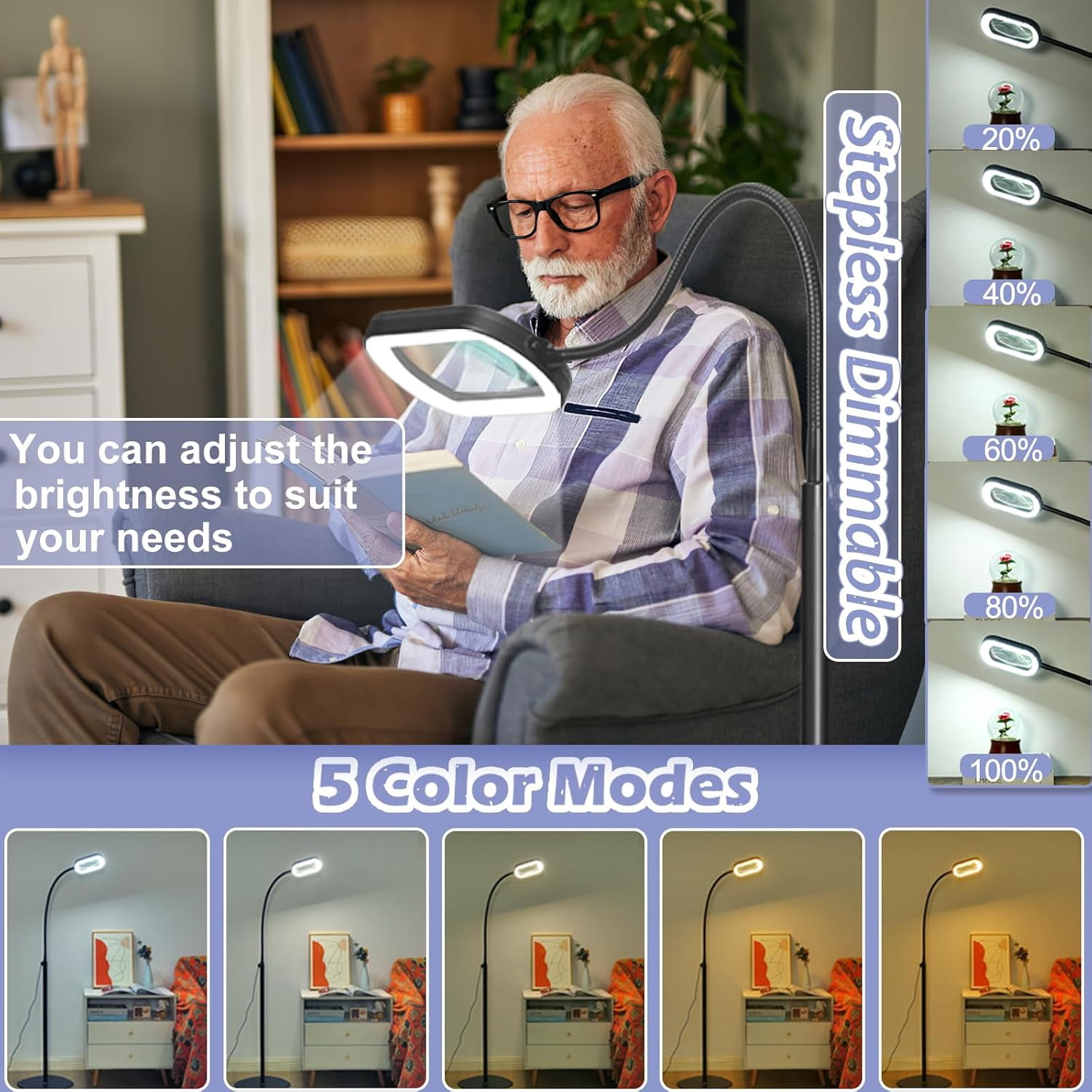3-in-1 LED Magnifying Floor Lamp with Clamp, 24-inch Flexible Gooseneck, 5 Color Modes Stepless, Hands Free for Reading