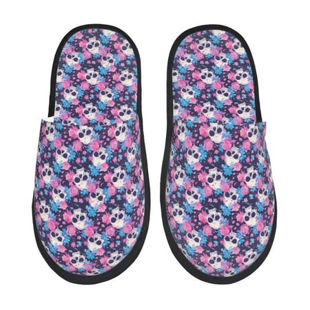 

Qekee Skull Flower Blue print Slippers for Women and Men Fluffy Cute Cozy House Slipper Funny Furry Bedroom Slippers for Women Indoor -Medium