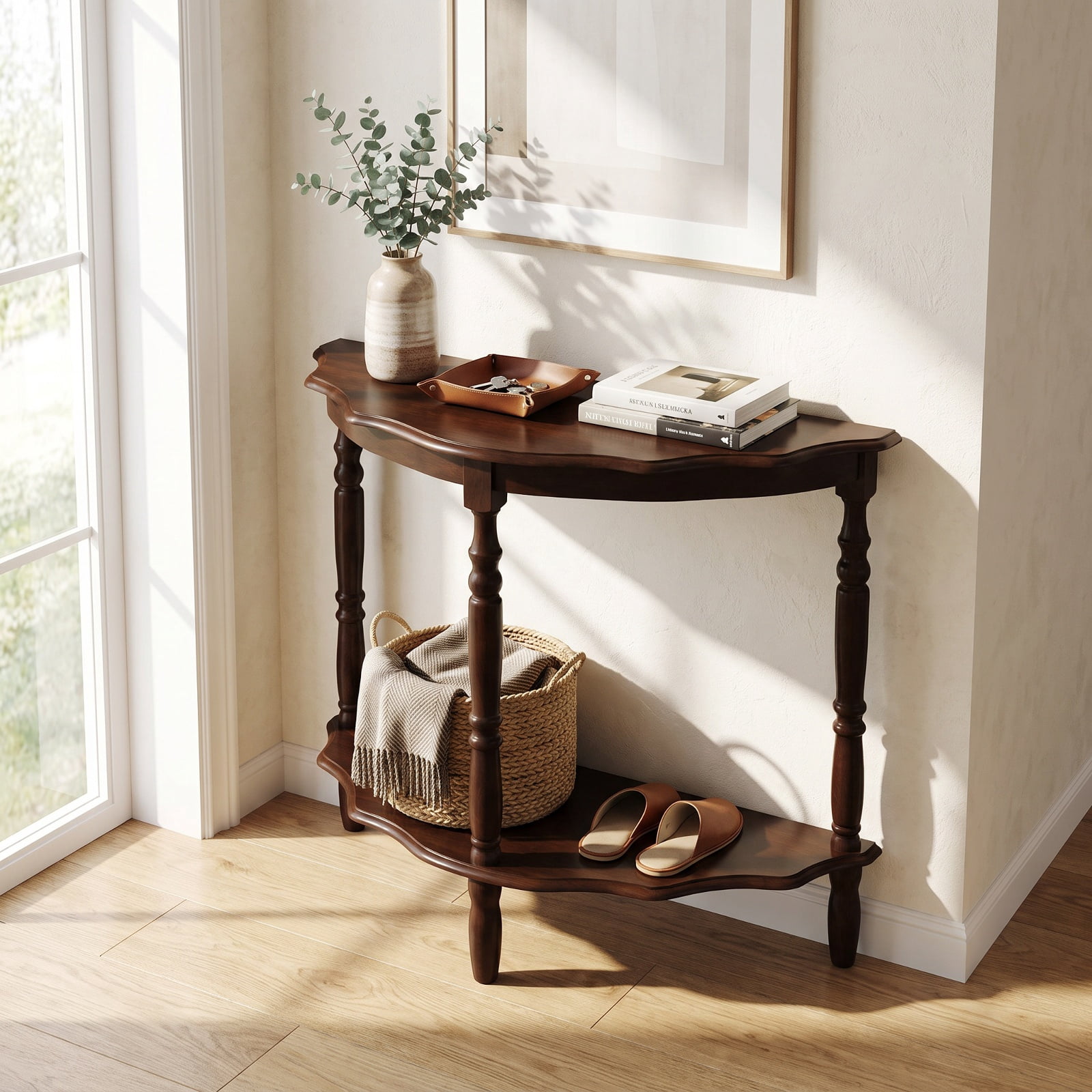 Furnibear 42 Inch Half Moon Console Table with Open Shelf and Solid Rubber Wood Legs for Entryway Hallway and Living Room, Espresso