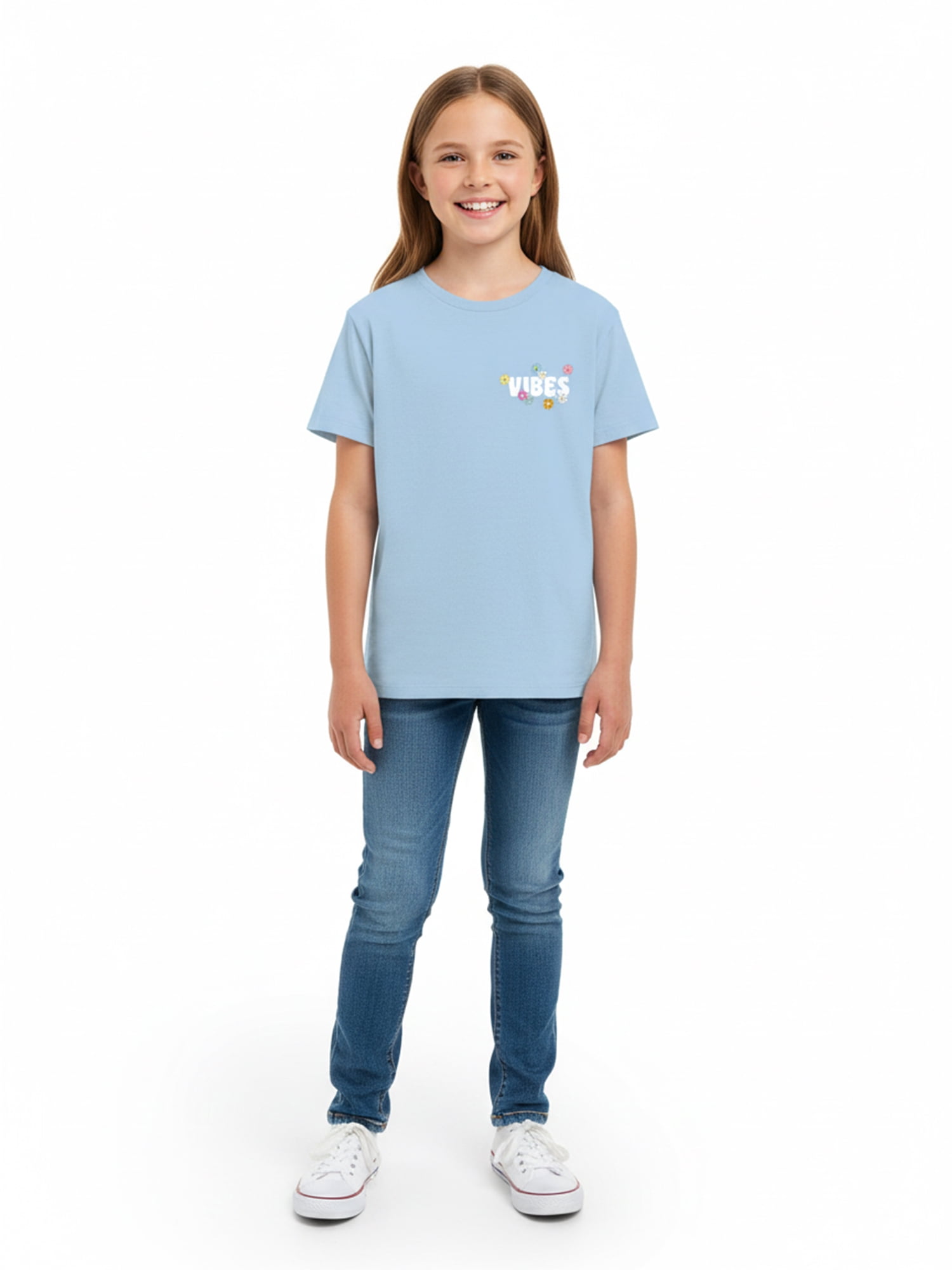 Wonder Nation Girls Vibes & Flowers Graphic Tee with Short Sleeves, Sizes 4-18