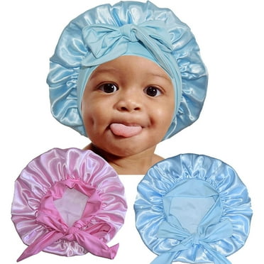 Janrevotw Pinks（Blue） Baby Bonnet Infant Satin Silk Hair Bonnets for Toddler 2Pcs