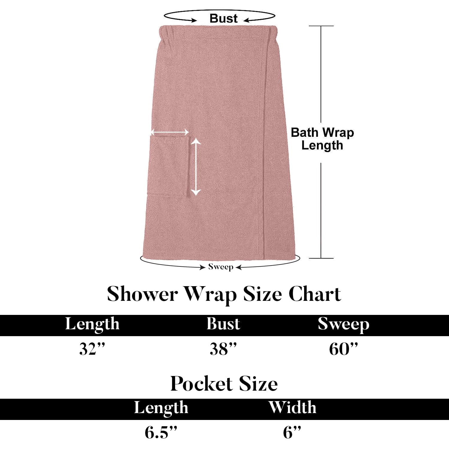 Dan River Shower Wrap With Pocket Pack of 1 Lightweight Terry Cotton Bath Towel Wrap - Dusty-Rose, 32X60in