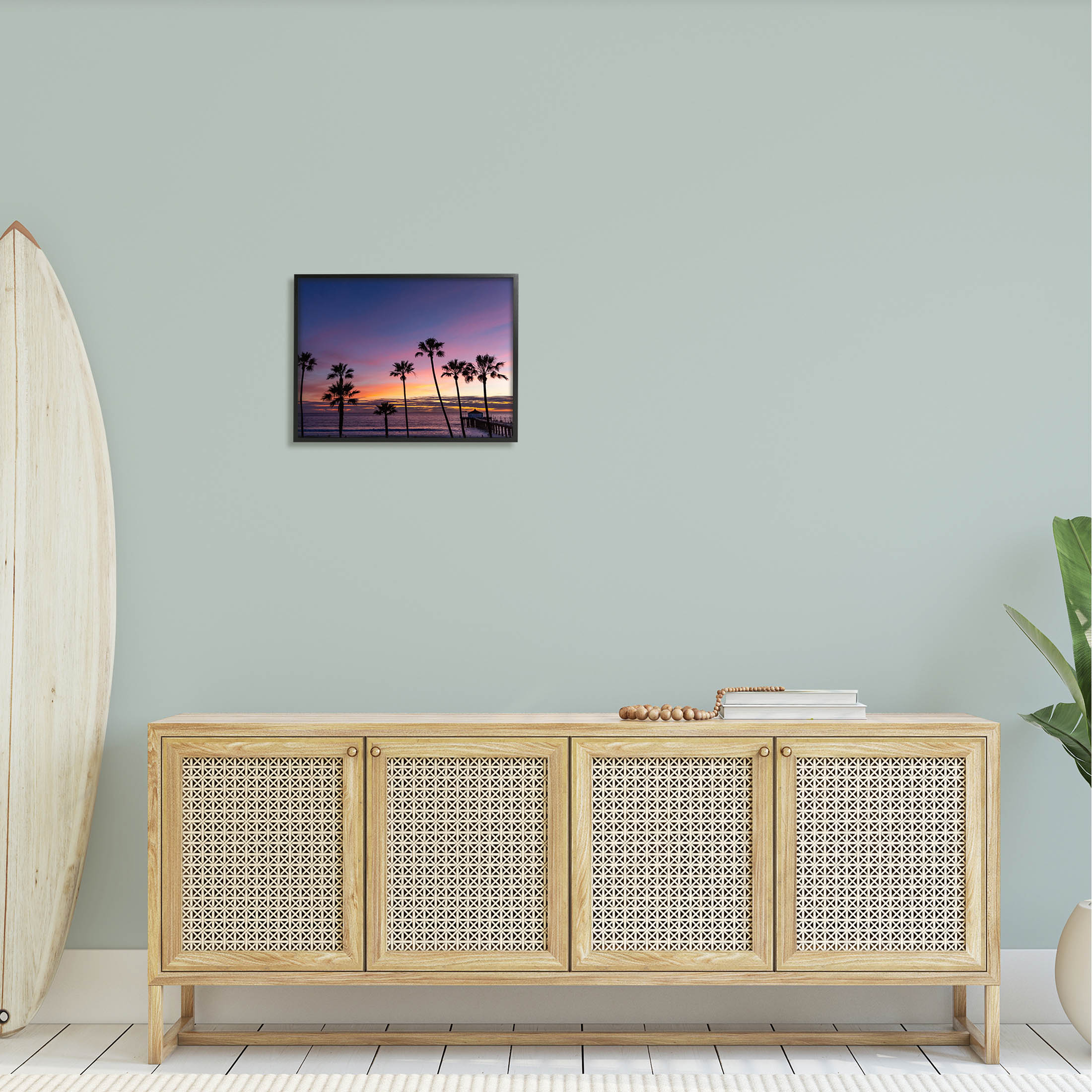 Vivid Sunset Palm Trees Horizon Coastal Photograph Black Framed Art Print Wall Art