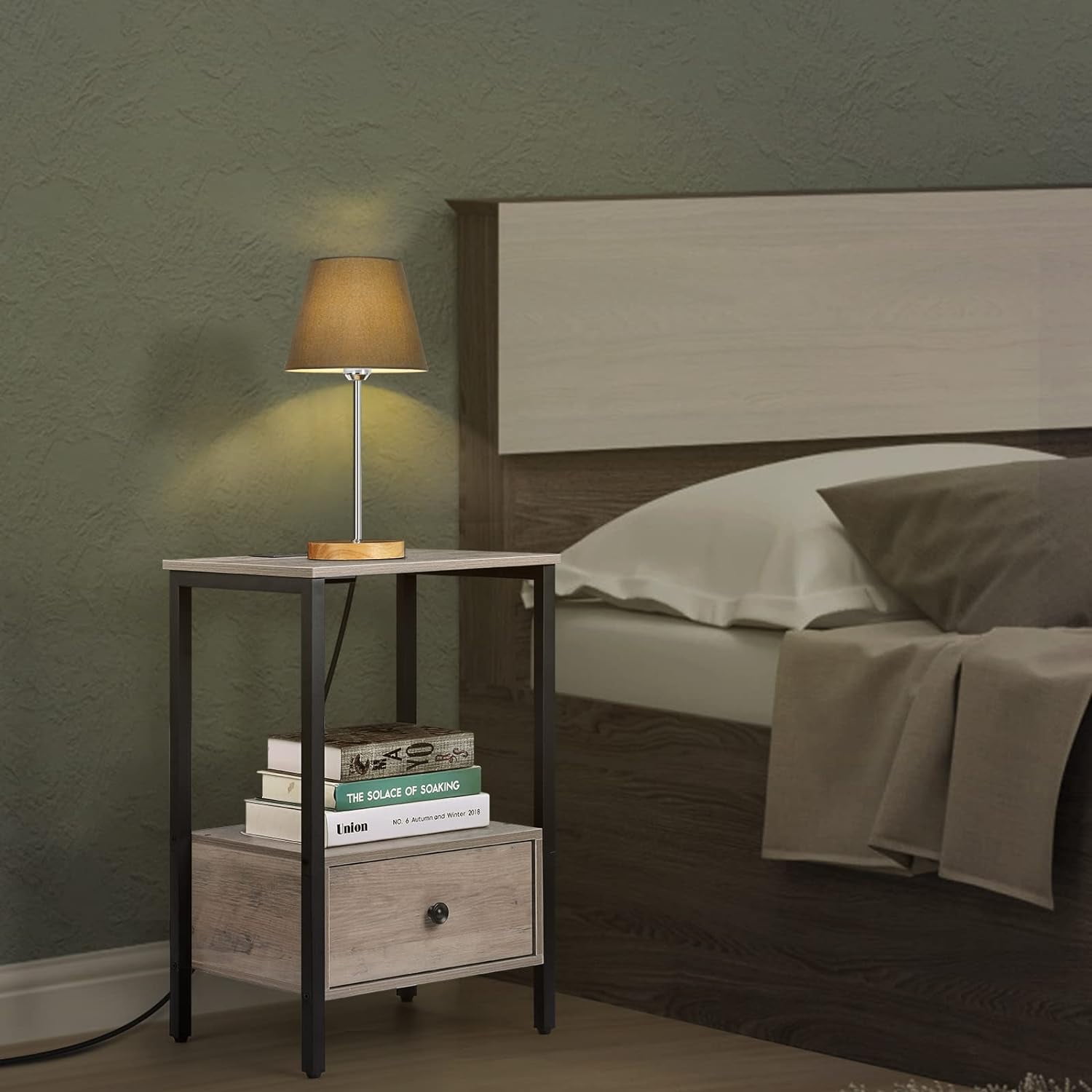 Oumilen Modern Adult Nightstand with Charging Station, Light Oak