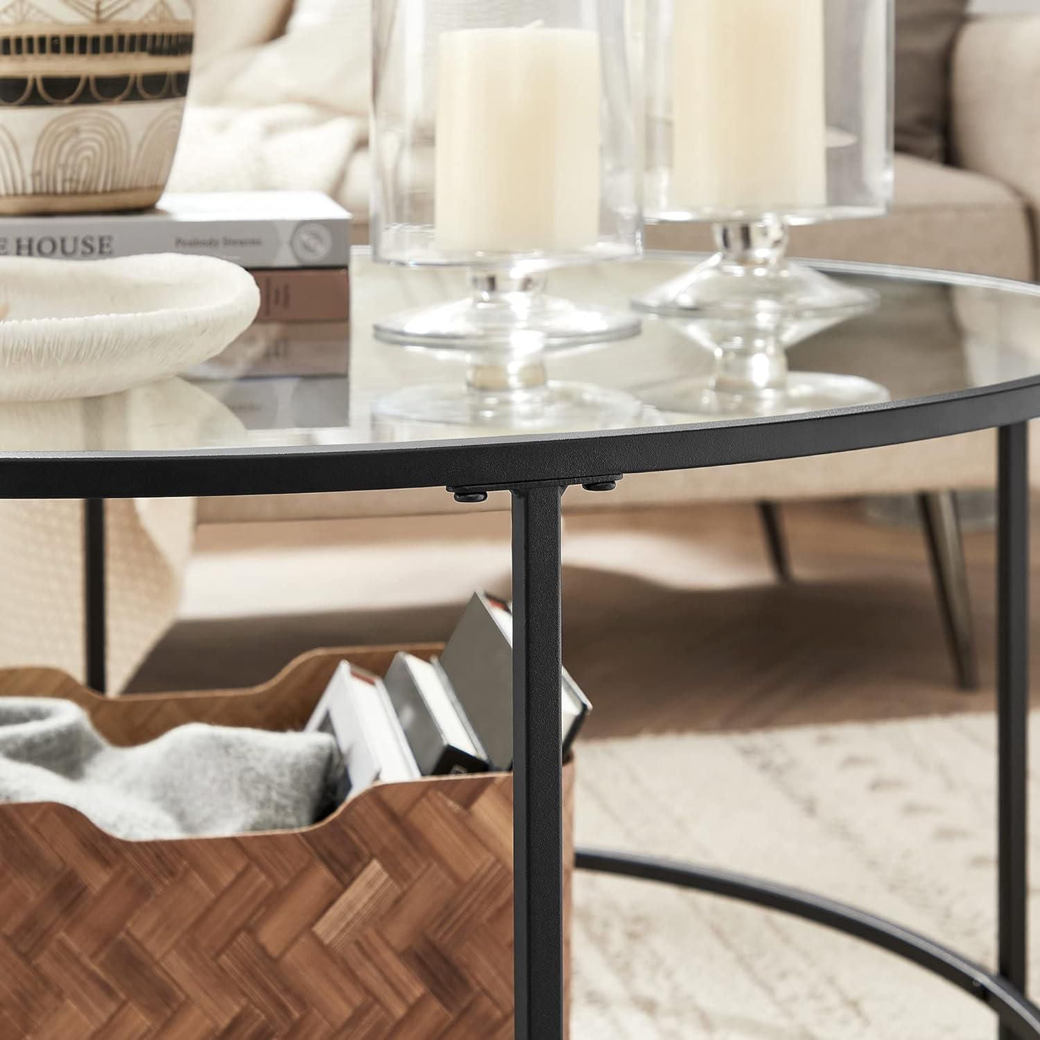 Boutique Home Round Coffee Table with Metal Frame and Tempered Glass Top