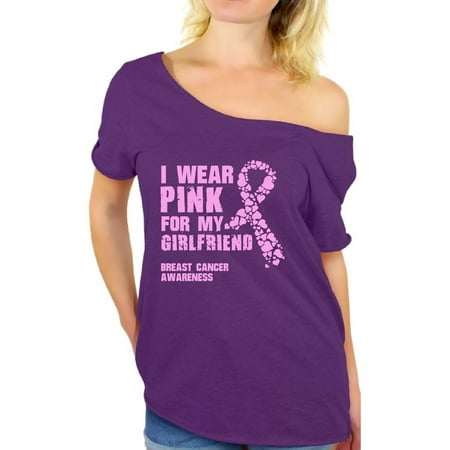Awkward Styles I Wear Pink For My Girlfriend Ladies Shirt Cancer Support T Shirt for Girls Breast Cancer Shirt I Wear Pink For My Girlfriend Off Shoulder Shirt Breast Cancer Ribbon Tshirt Cancer