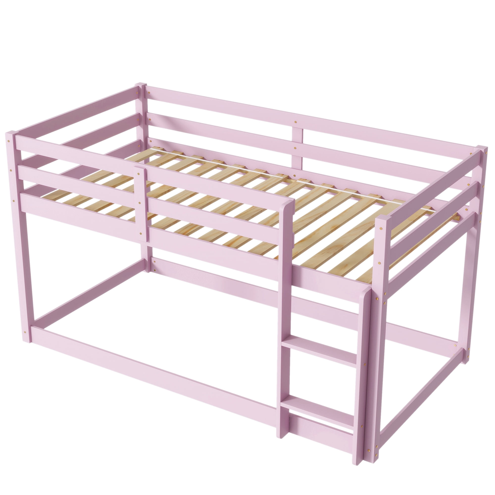 Miniyam Wood Twin over Twin Floor Bunk Bed with Ladder and Guardrails, Pink