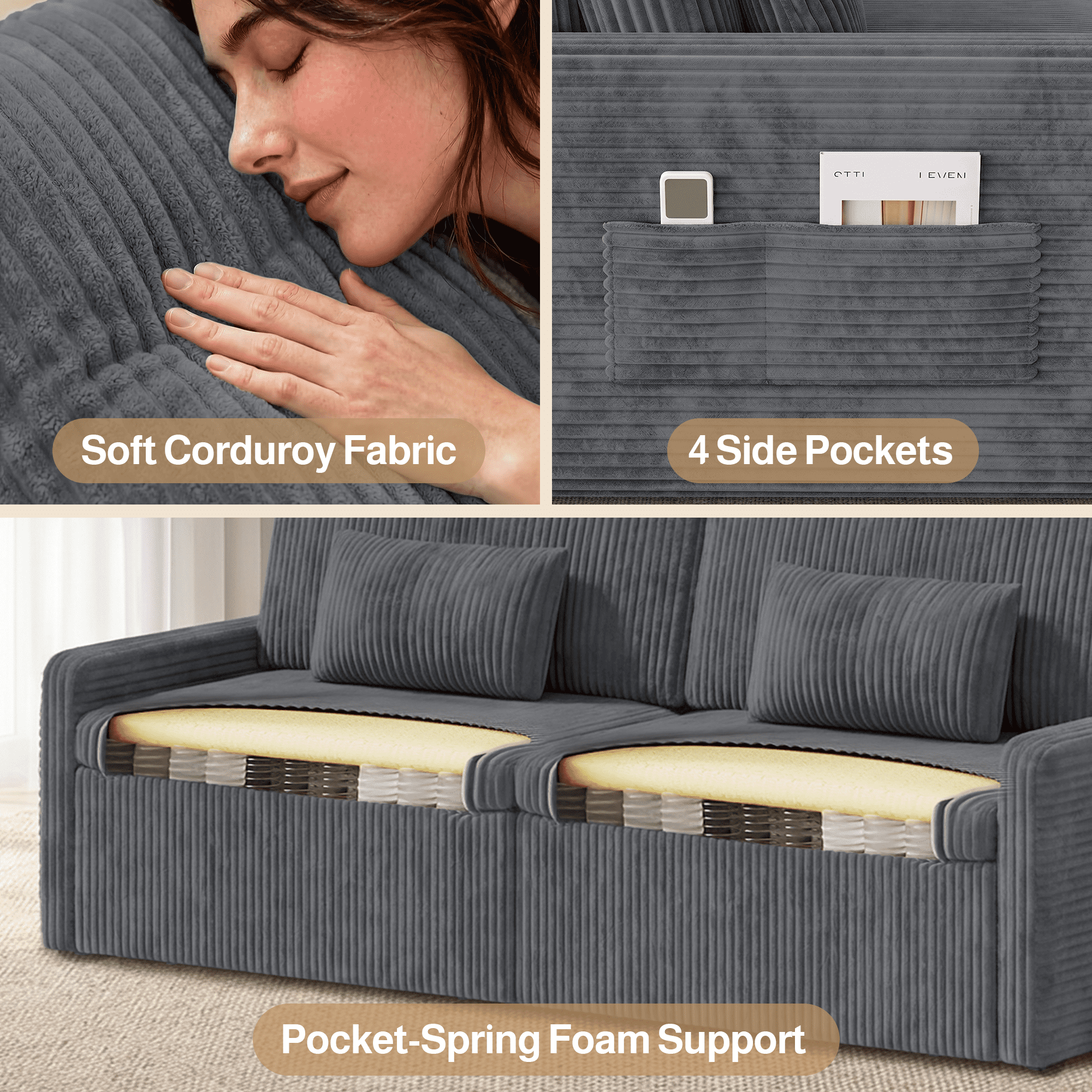78"W 6 in 1 Convertible  Sofa Bed, Lofka Big Corduroy Sleeper Pull Out Couch with 23.6" Extra Deep Seat, 600 lbs Heavy Duty Metal Frame, Dark Gray