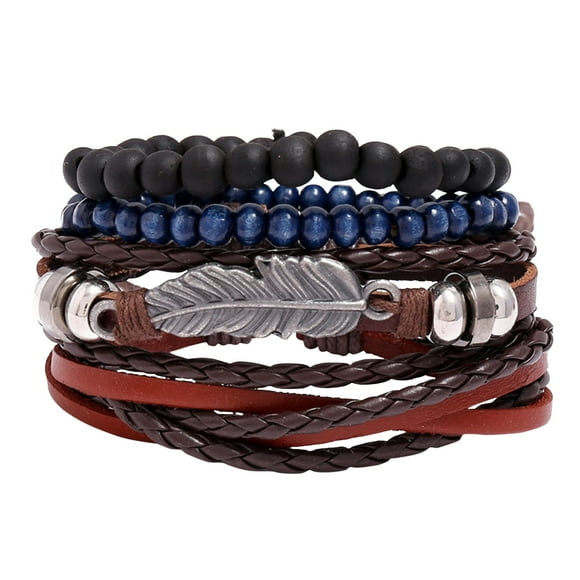 Pulsera ajustable de estilo tropical tejida a mano Pulsera de moda con plumas Pulsera de cuero DIY para hombre Pulsera trenzada multicapa Set de 4 pulseras