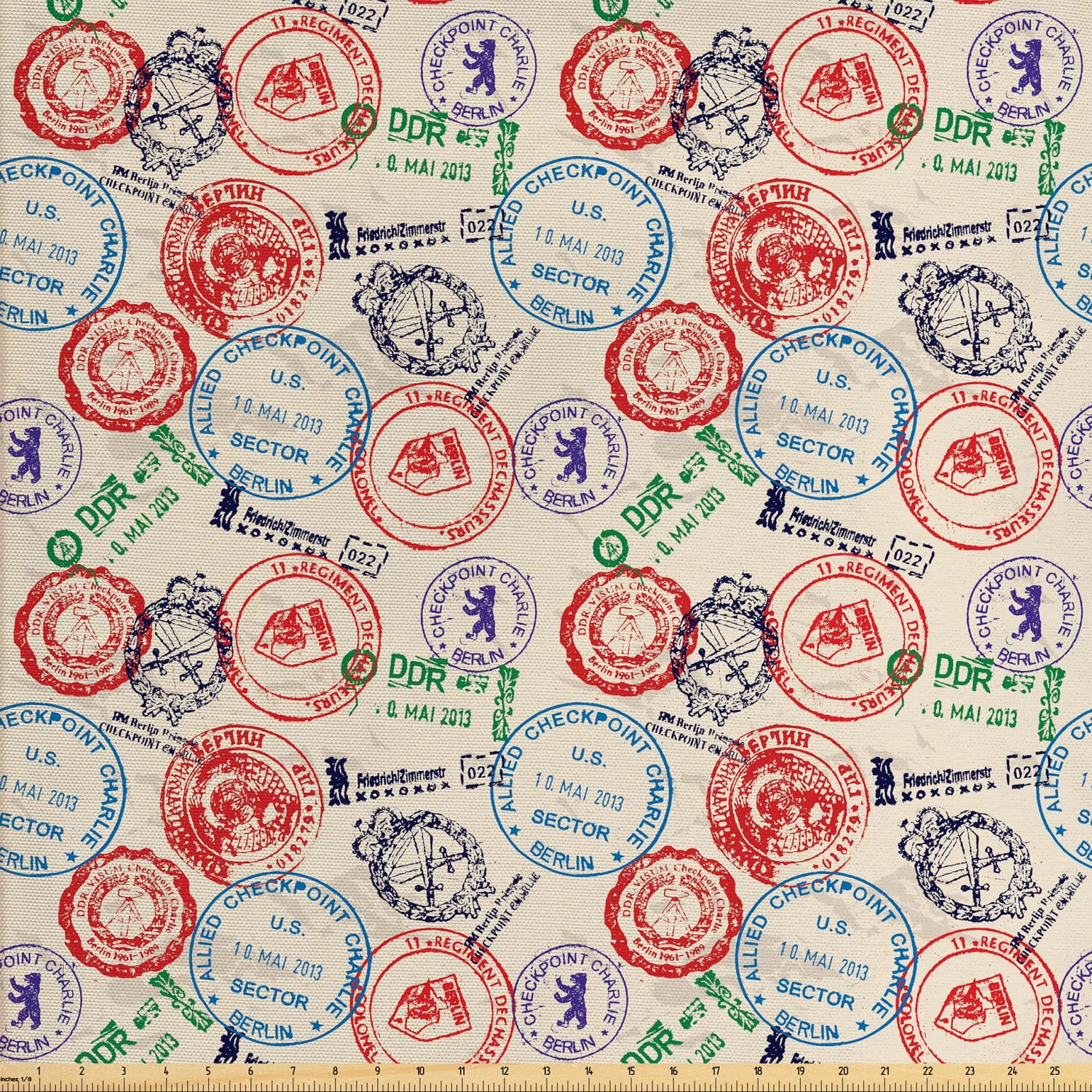 Europe Fabric by The Yard, Print of Different Colored Passport Stamps