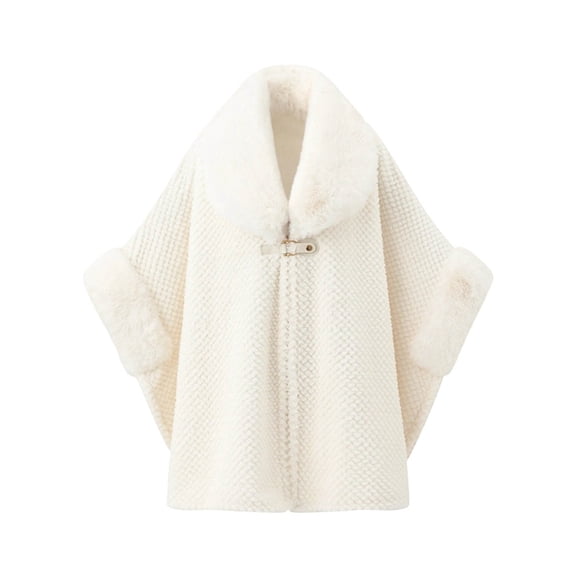 Samdudou Fall Coats for Women Elegant Cloak Waffle Textured Knit Cape Faux Fur Trimmed Neckline Front Clasp Closure Outerwear for Evening Events Sophisticated Wardrobe