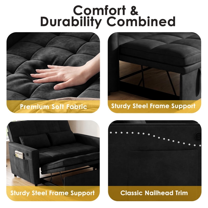 Anpport 54" 3‑in‑1 Convertible Sofa Bed, Sleeper Couch with USB Charging Port, Nailhead Trim & Throw Pillows, Loveseat for Living Room Apartment Small Space, Black