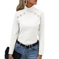 thumbnail image 1 of Camisa de manga larga con cuello alto para mujer, corte ajustado, Color sólido, ribete de botones, cuello alto, manga larga, Top acanalado, blanco L, 1 of 6