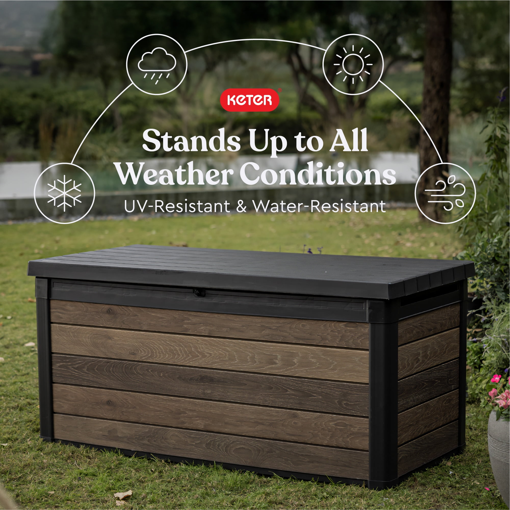 Keter Signature 150 Gallon Durable Resin Outdoor Deck Box Storage Organization, Walnut
