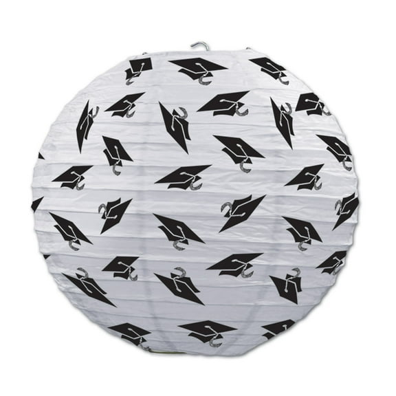 Party Central Club Pack of 18 White and Black Grad Cap Hanging Paper Lantern Party Decors 9.5"