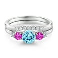 thumbnail image 3 of Gem Stone King 10K White Gold Blue Apatite Pink Sapphire and White Lab Grown Diamond 5 Stone Bridal Engagement Wedding Ring Set for Women (0.87 Cttw, Round: 5MM and 3MM, Size 9), 3 of 6