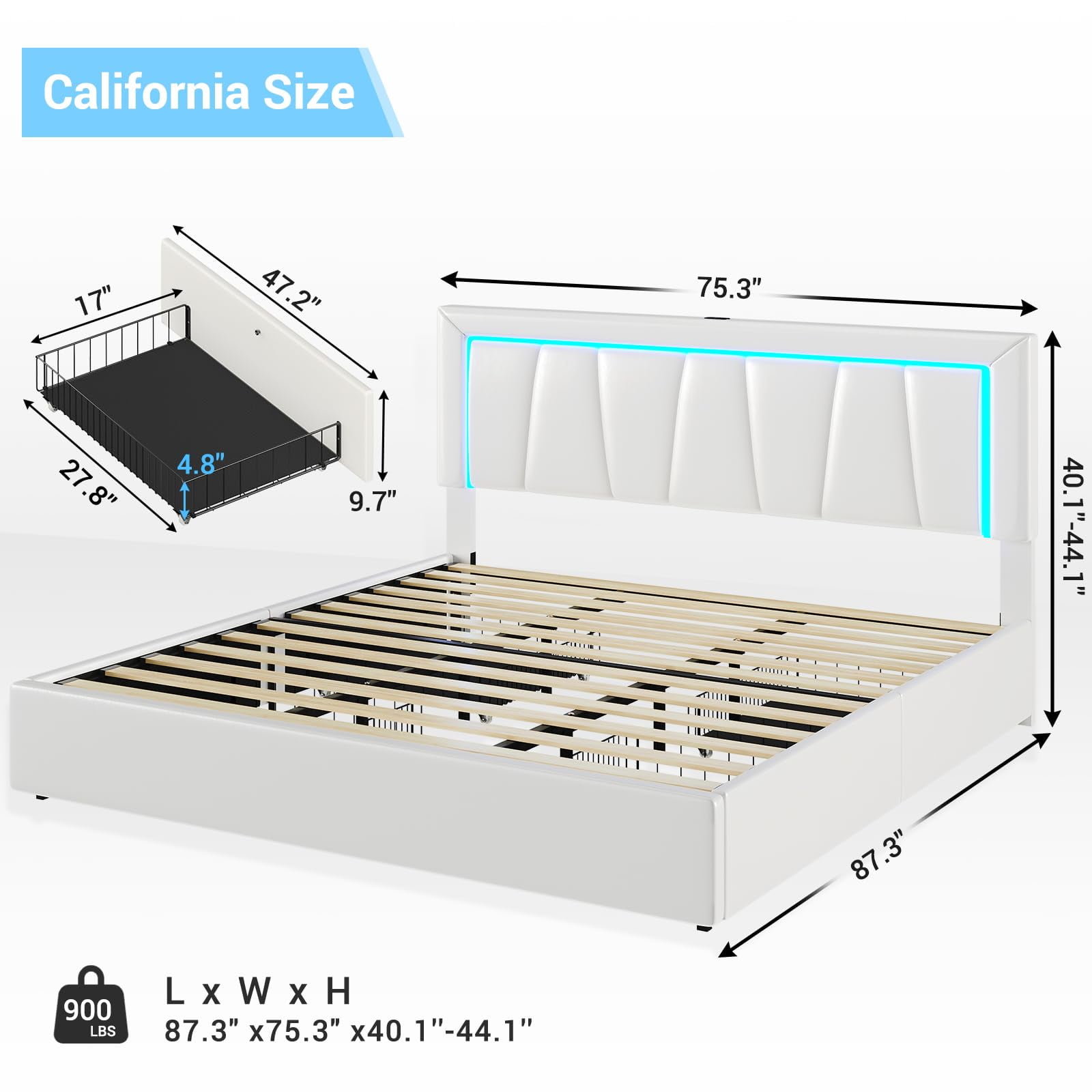 California King Bed Frame with 4 Storage Drawers & USB Ports & LED Headboard, Faux Leather Upholstered Platform Bed Frame with 3 Side Light Strip, No Spring Needed, White