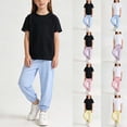 thumbnail image 1 of Tranfacy Tenues d'Été pour Filles Couleur Unie Col Rond Manches Courtes Haut Décontracté avec Pantalon Taille Élastique Ensemble Mode, 1 of 7